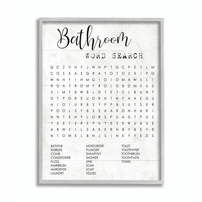 Black/White 'Bathroom Word Search Fun Family Word Design' by Daphne Polselli Graphic Art Print EJ863