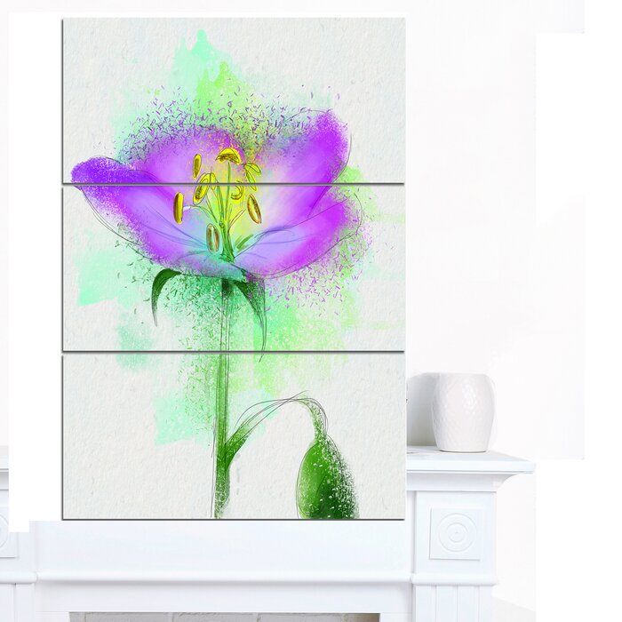 'Beautiful Purple Watercolor Flower' 3 Piece Wall Art on Wrapped Canvas Set - 36" x 28" (#K4475)