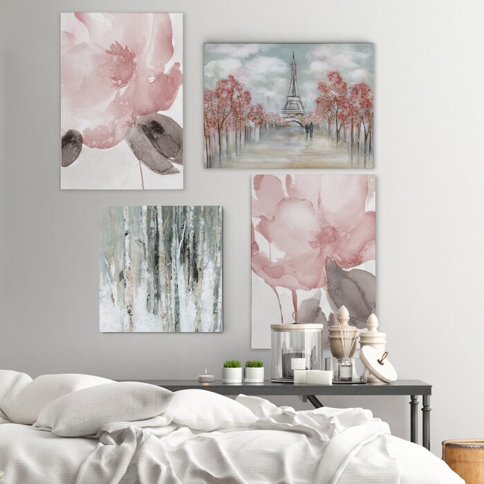 Light Pink/Gray 'Contemporary Pink' 4 Piece Painting Print Set on Canvas #HA805