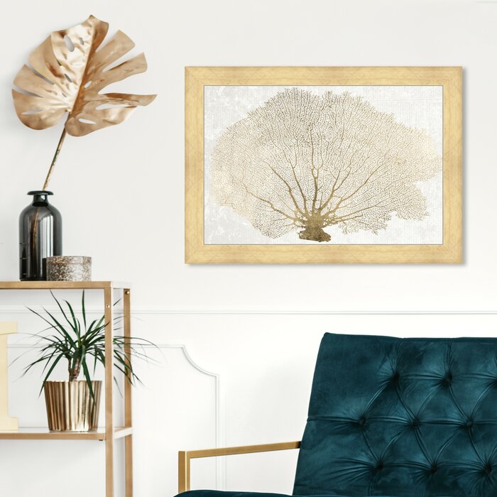 'Gold Coral Fan Nautical and Coastal' Graphic Art Print in Gold Frame - 20" x 30" (#K2867)