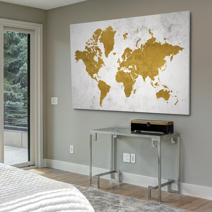 'Golden World Map' Graphic Art Print on Wrapped Canvas - 32" x 48" **AS IS** (#K6538)