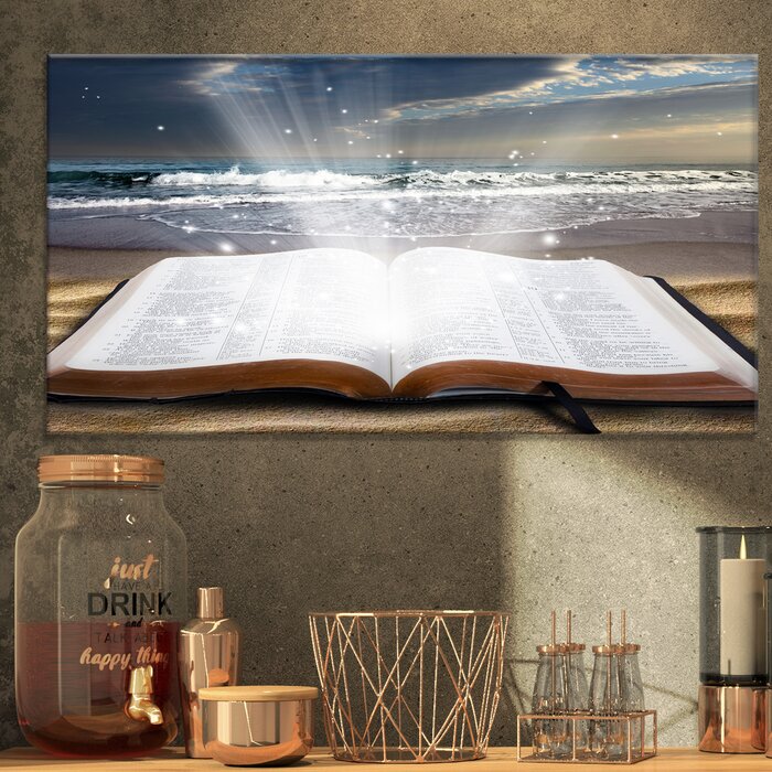 'Jesus Bible at Beach' Graphic Art on Wrapped Canvas - 32" x 16" (#K6195)