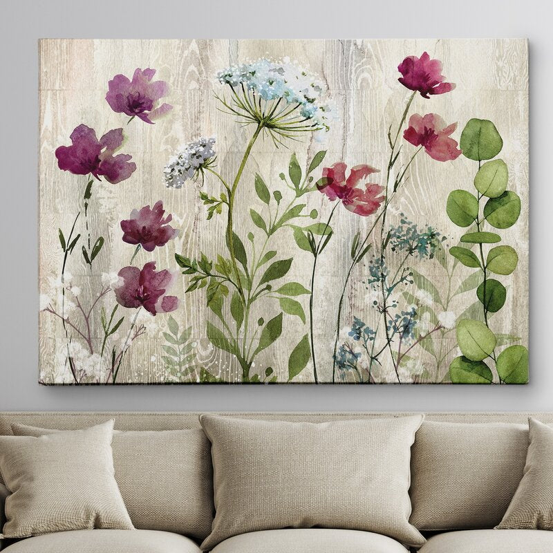 'Meadow Flowers I' Watercolor Painting Print on Wrapped Canvas - 30" x 40" (#K3971)