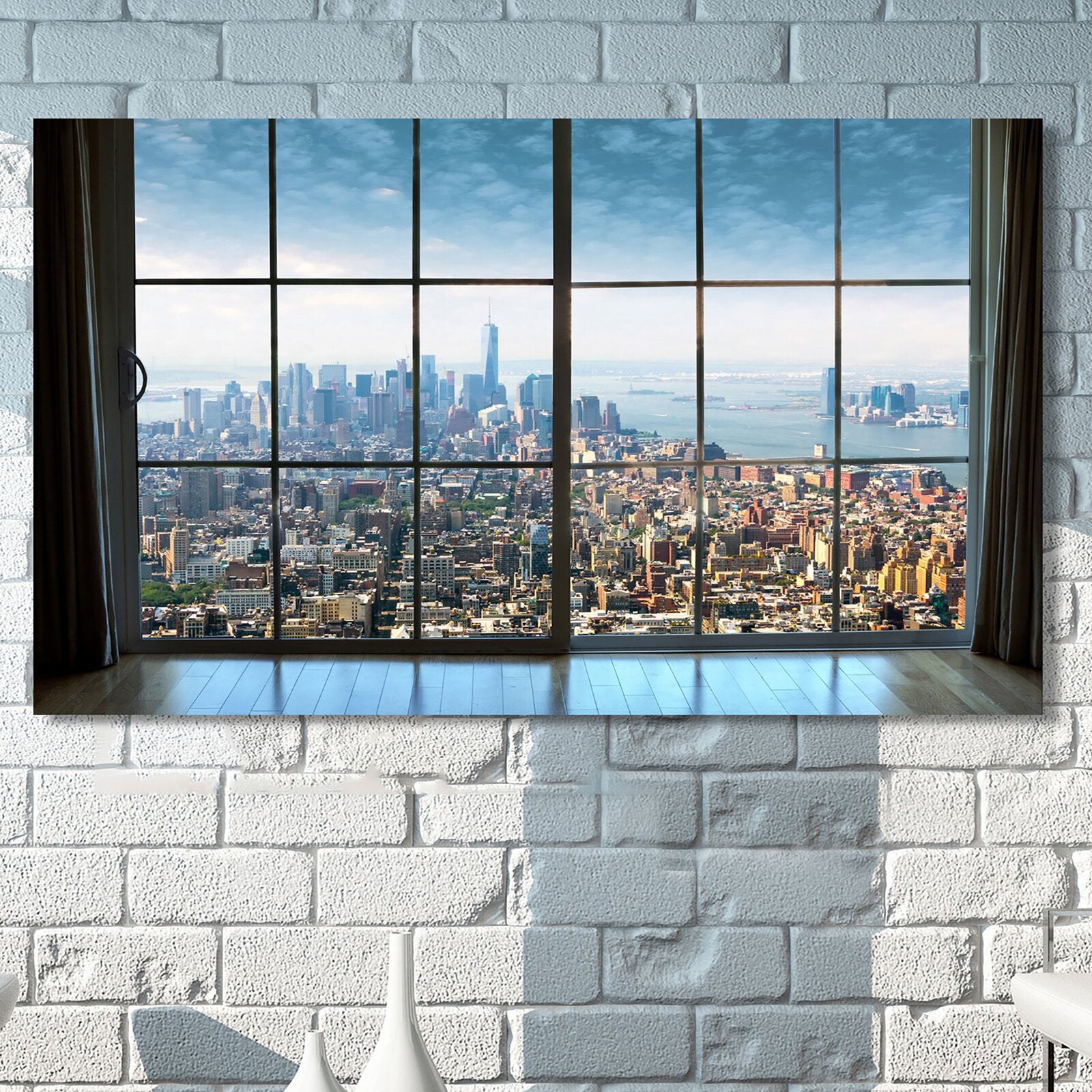 Blue 'New York City Window' Photographic Print on Wrapped Canvas K7699