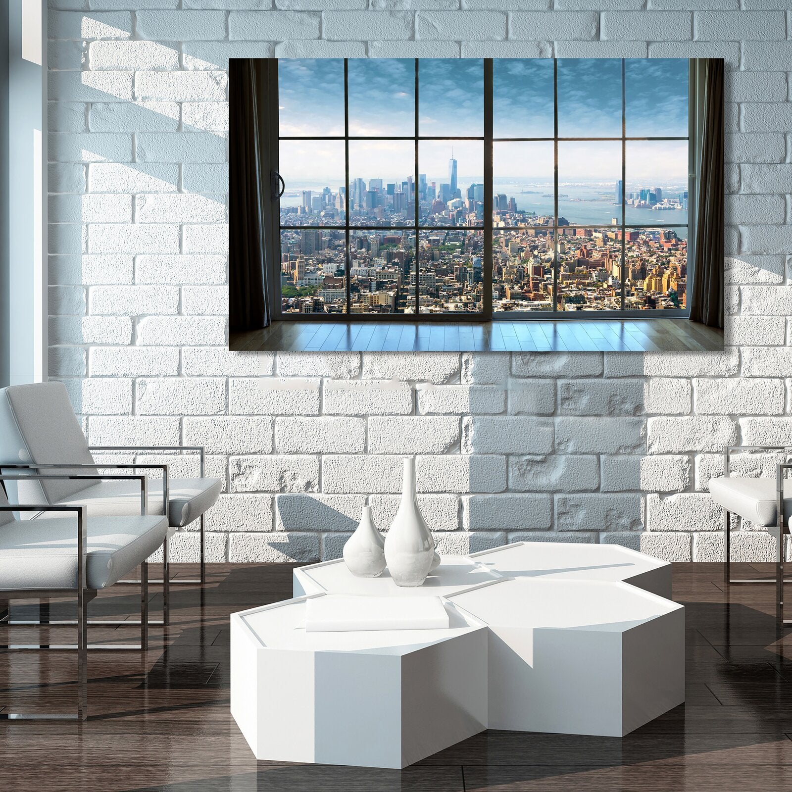 Blue 'New York City Window' Photographic Print on Wrapped Canvas K7699