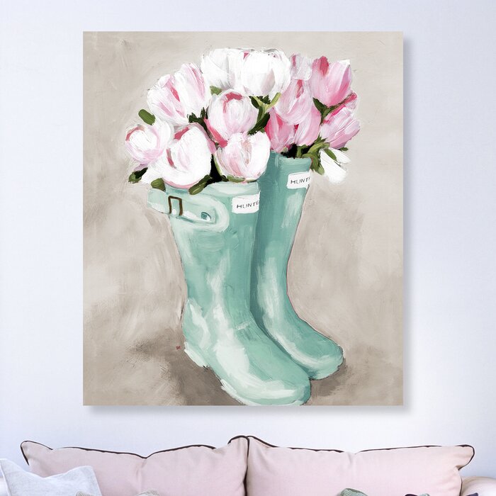 'Tulips In Spring Boots' Watercolor Painting Print on Canvas LX5251