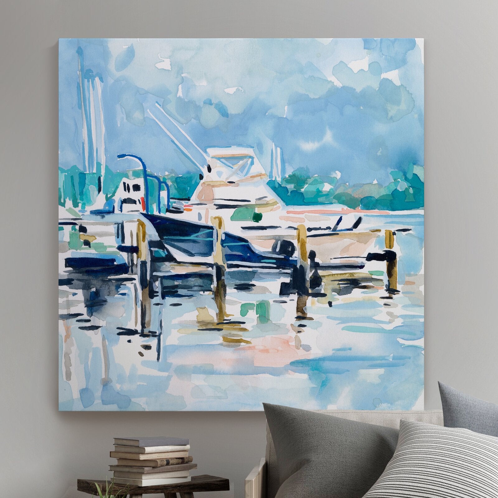 Blue/White 'Watercolor Marina II' - Painting Print on Canvas K7778