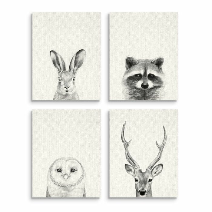'Woodland Animals Portrait Gray' by Victoria Borges - 4 Piece Wrapped Canvas Set #HA428