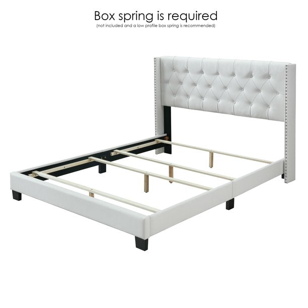 Bardy Diamond Tufted Upholstered Wingback Headboard with Nailhead Trim Panel Bed Frame, Queen Size in White Faux Leather
