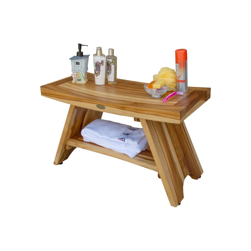 29" Extended Length EcoDecors EarthyTeak Serenity Shower Bench With Shelf- EarthyTeak Finish KB1329-A2-B1-P2