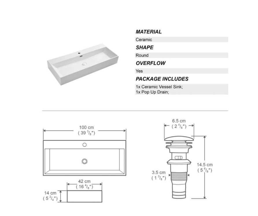 39.38 in. White Above Counter Wall Mounted Ceramic Rectangular Vessel Sink with Pop Up Drain and Overflow