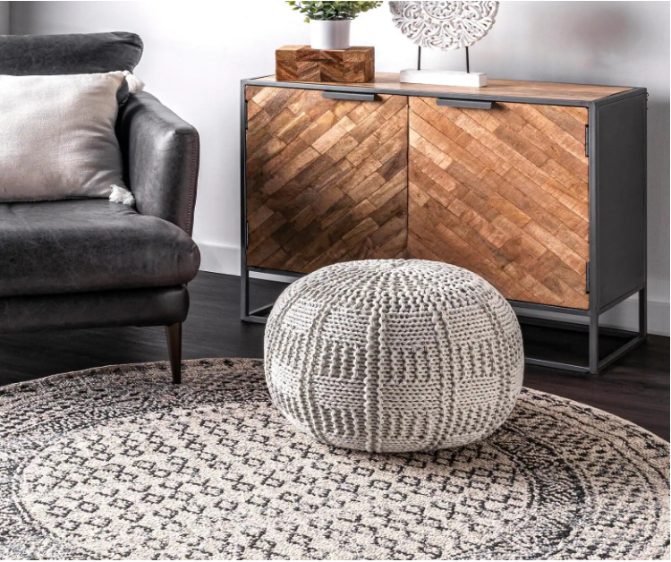 Berlin Casual Knitted Filled Ottoman Ivory Round Pouf