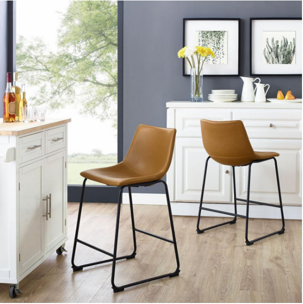 26" Industrial Faux Leather Counter Stool, set of 2- Whiskey Brown