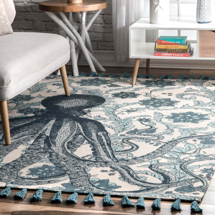 Thomas Paul Contemporary Floral Octopus Aqua 6 ft. x 9 ft. Area Rug