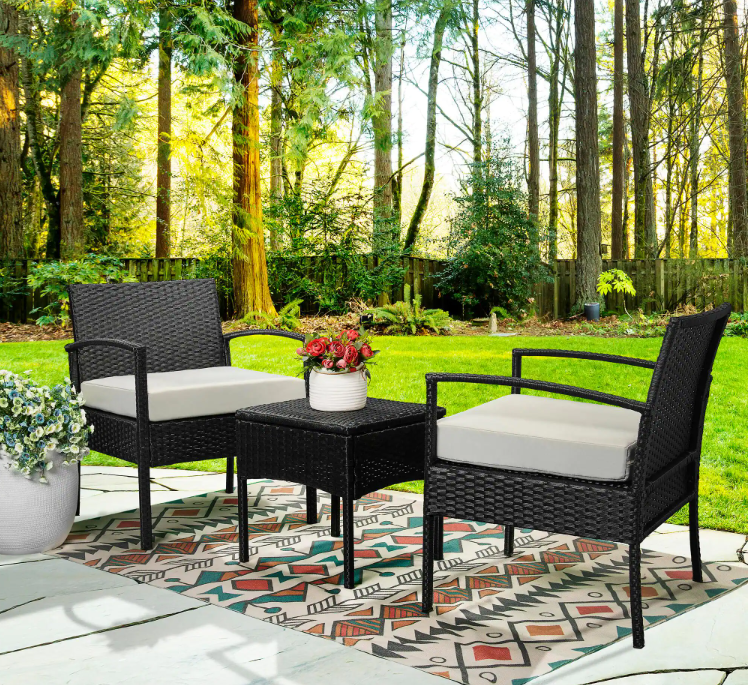 3-Piece Wicker Patio Conversation Set with Tan Cushions