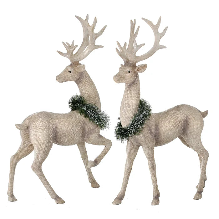 2 Piece Burlap Finish Frosted Deer Decorative Accent Set