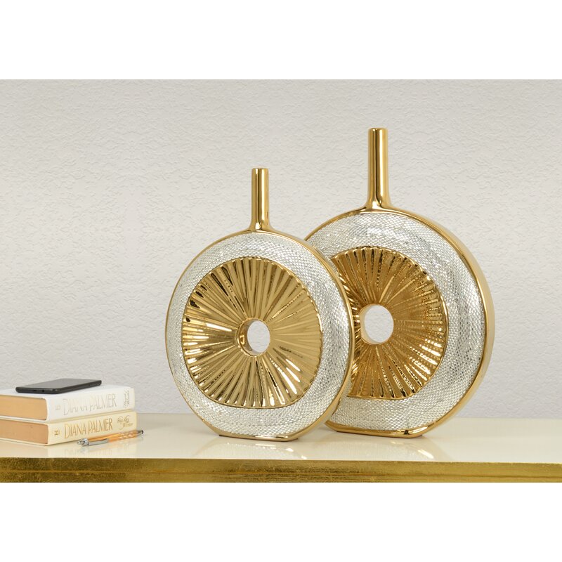 2 Piece Fifine Gold Ceramic Floor Vase Set