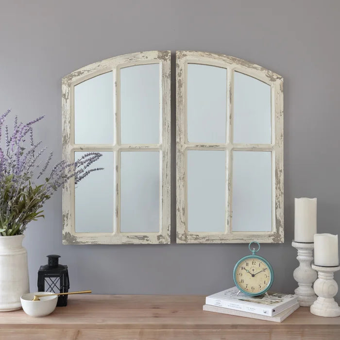 33" x 38" White 2 Piece Kissena Window Pane Farmhouse / Country Distressed Accent Mirror Set
