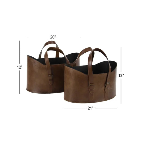 2 Piece Leather Basket Set