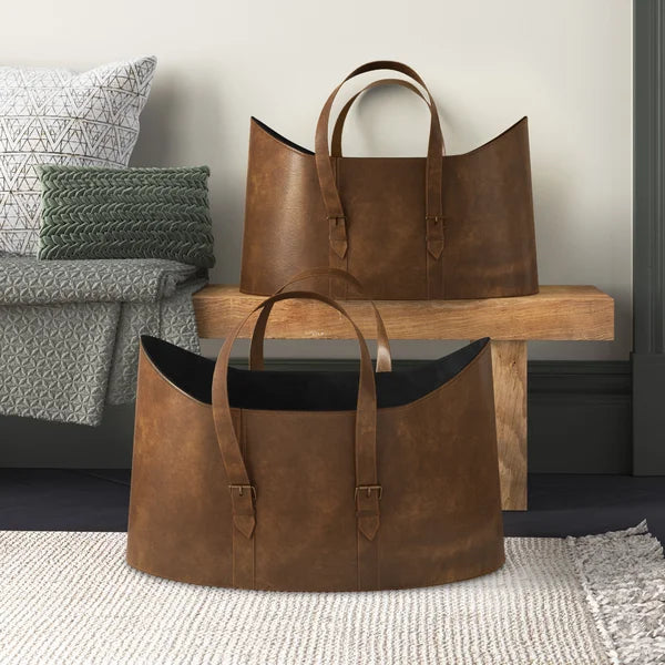 2 Piece Leather Basket Set