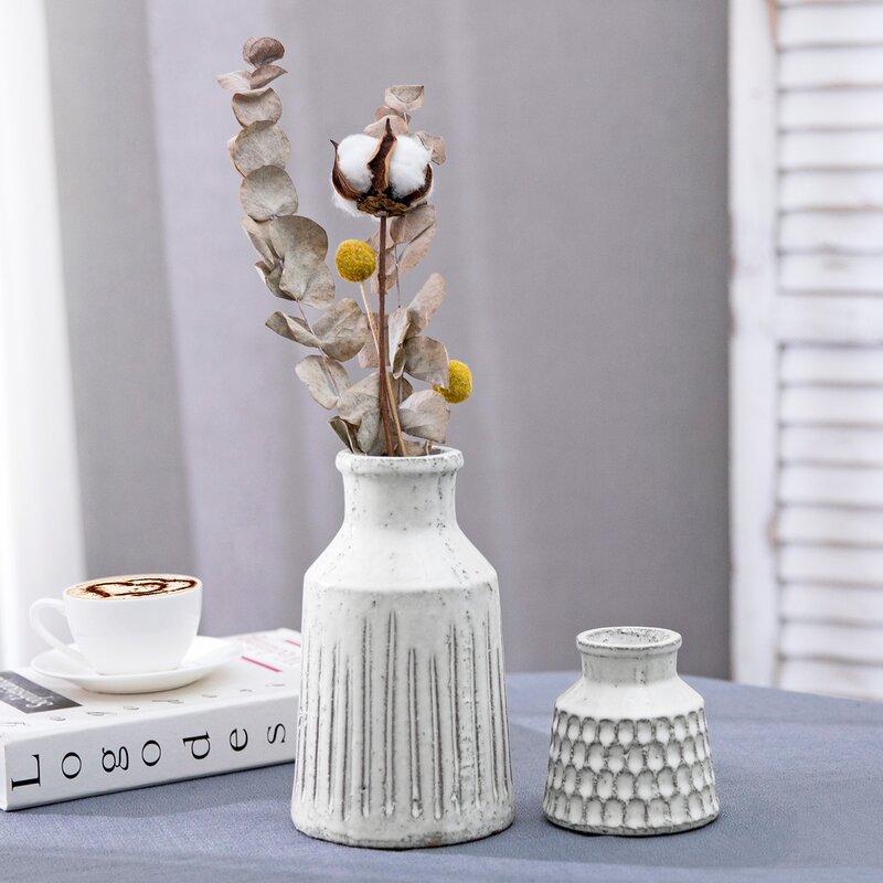2 Piece Shoell White Ceramic Table Vase Set (Set of 2) HAB110
