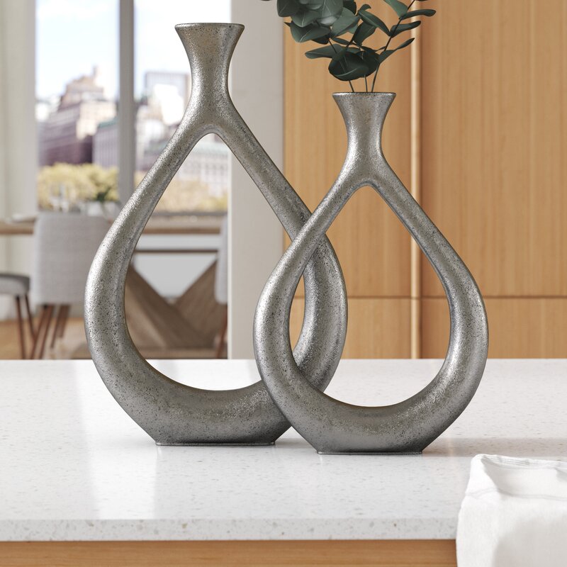 2 Piece Tompson Antique Silver Finish Metal Table Vase Set (set of 2) KB1148-A6-B2-P1