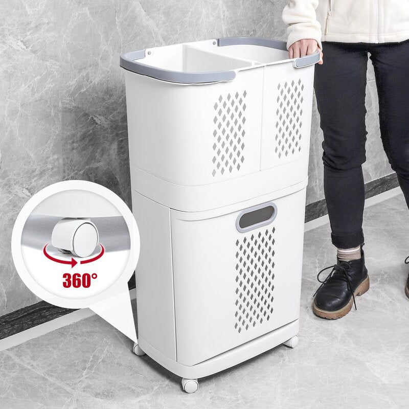 2 Tier Tall Rolling Laundry Cart With Wheel With Laundry Hamper CYB966