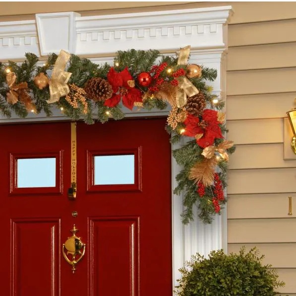 6 ft. Decorative Garland with Ornaments, Berries, Cones Red Ribbon, Poinsettias and 20 LED Lights