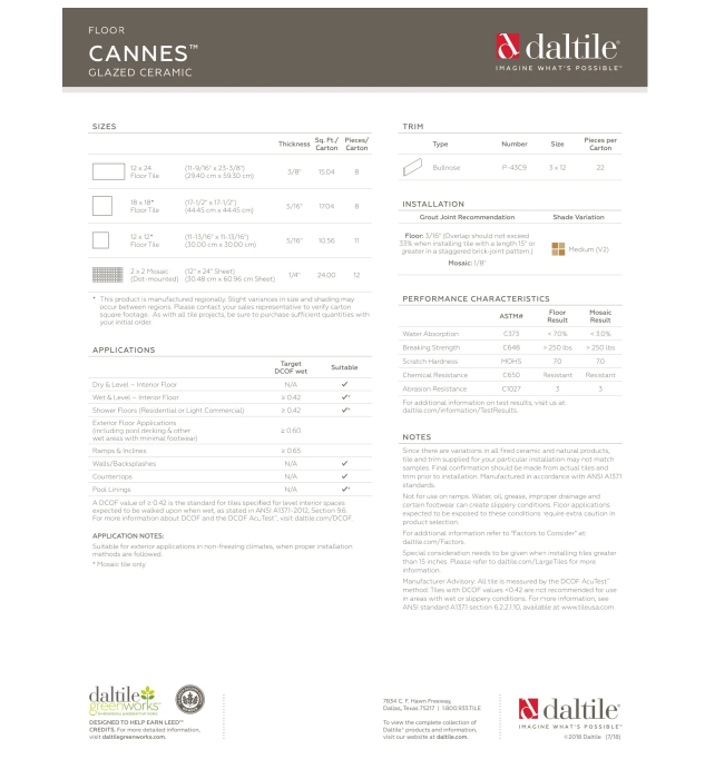 Daltile Cannes - 18" x 18" Square Wall & Floor Tile - Unpolished Stone Visual (1 case) KBO304