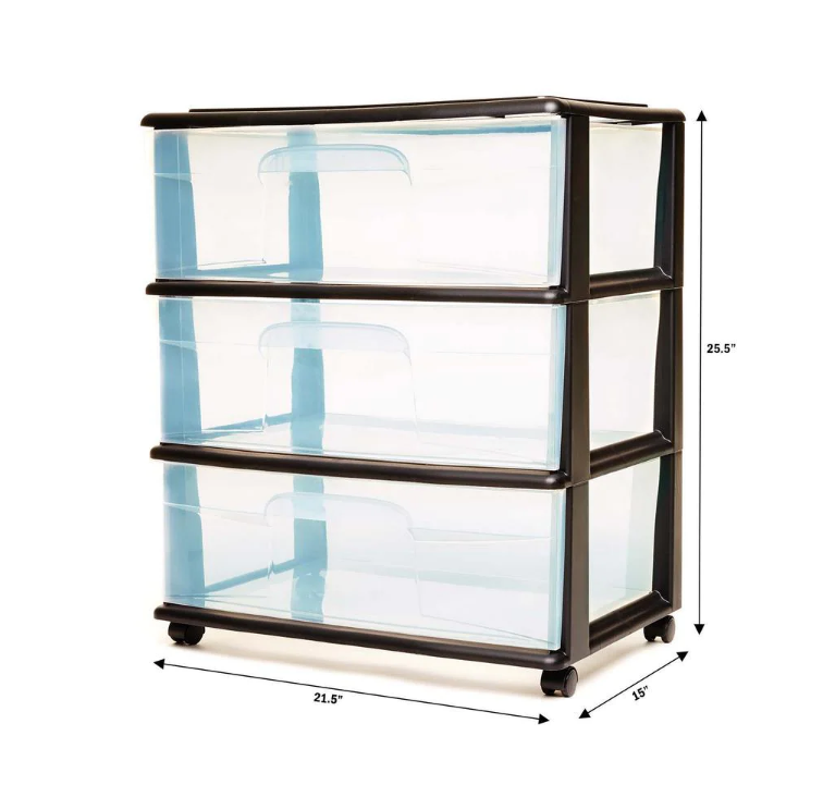 25.5 in. x 15 in. 3-Drawer Black Wide Cart with Wheels KB928
