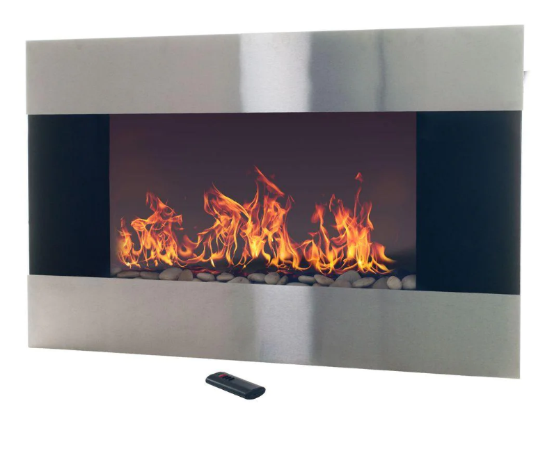 35 in. Stainless Steel Electric Fireplace with Wall Mount and Remote in Silver