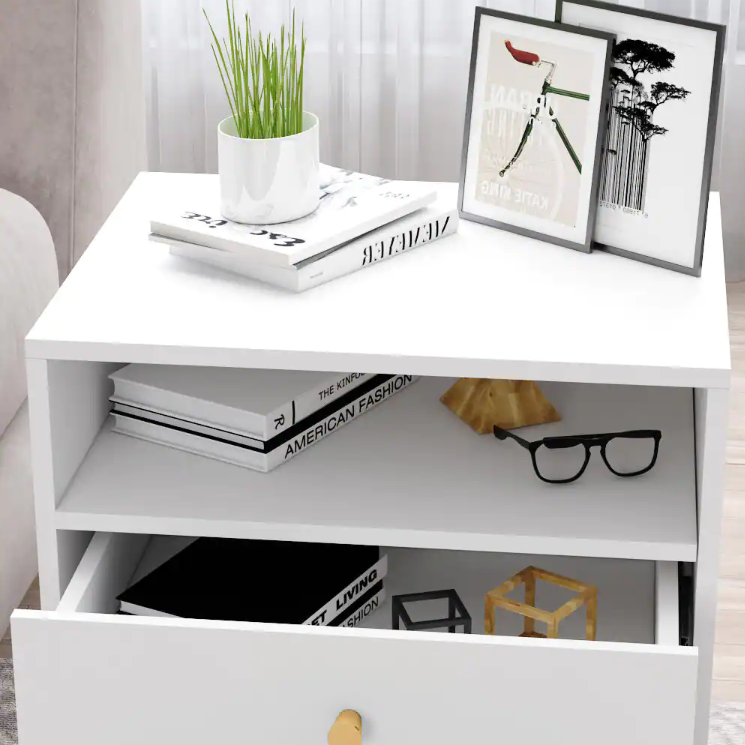 2-Drawer White Nightstands With Metal Legs and Open Shelf *AS-IS*
