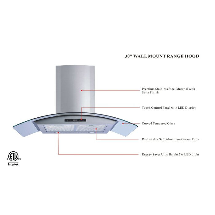 30" 520 CFM Convertible Wall Mount Range Hood in Stainless Steel K8018
