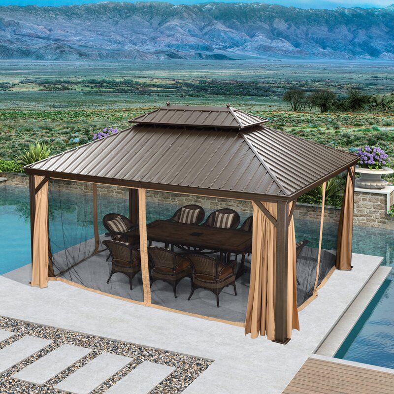 12' X 16' Double Roof Hardtop Aluminum Permanent Gazebo With Mosquito Net And Privacy Curtain (3 Boxes) CL157