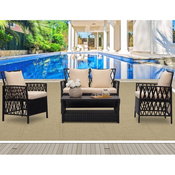 4 PC Black PE Wicker /  Rattan Patio Sectional Sofa Set K7165