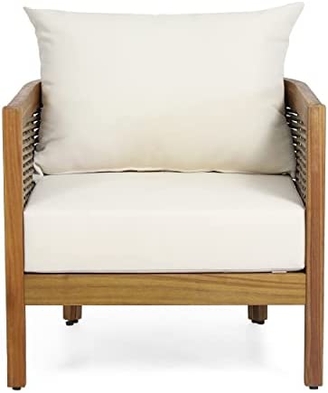 Burchett Teak Brown Removable Cushions Wood Outdoor Lounge Chair with White Cushion