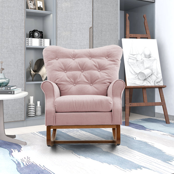 33.16" W Tufted Polyester Wingback Rolled Arm Rocking Chair
