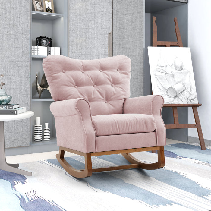 33.16" W Tufted Polyester Wingback Rolled Arm Rocking Chair