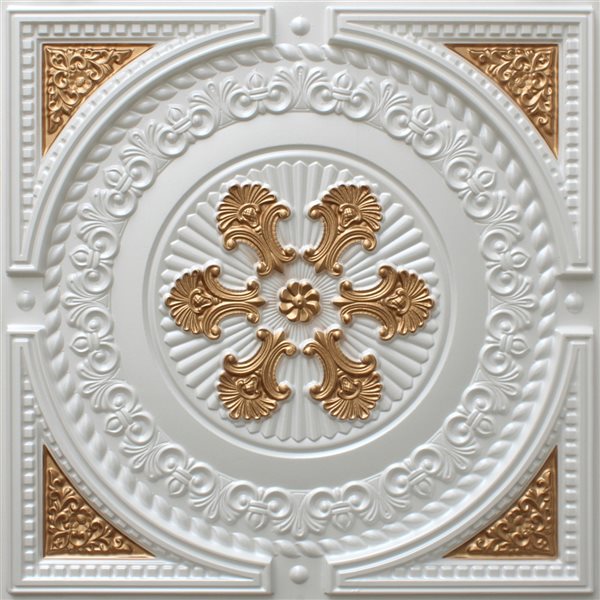 Dundee Deco Falkirk Perth Damask Pearl White and Gold Surface-Mount Panel Ceiling Tiles - 50-Pack