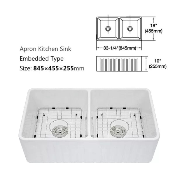 33" L x 18" W Double Basin Farmhouse Kitchen Sink with Basket Strainer