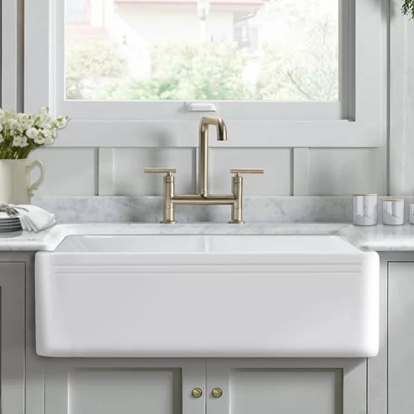 33" L x 18" W Double Basin Farmhouse Kitchen Sink with Basket Strainer