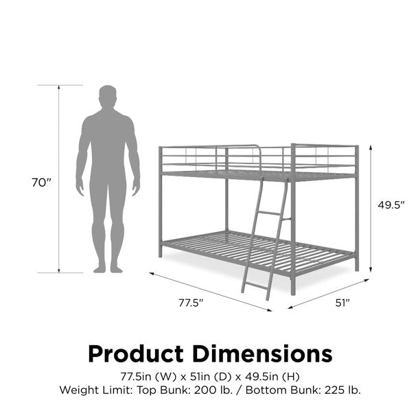 Mainstays Small Space Junior Twin over Twin Bunk Bed, Silver Metal, twin