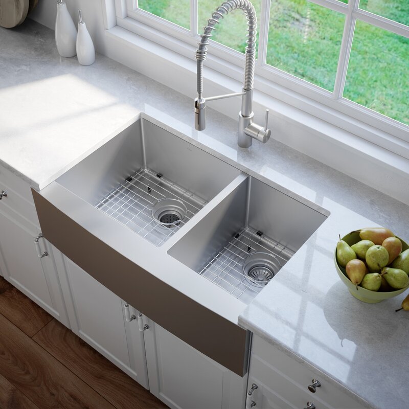 Satin 36" L x 21" W Double Basin Farmhouse Kitchen Sink with Basket Strainer 7403