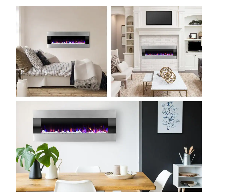 54 in. Stainless Steel Electric Fireplace with Wall Mount and Remote in Silver