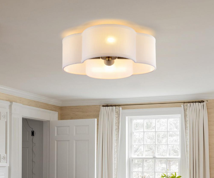4-Light Semi Flush Mount Light Fixture with White Cloud Shaped Fabric Shade Brass Finish Metal Frame
