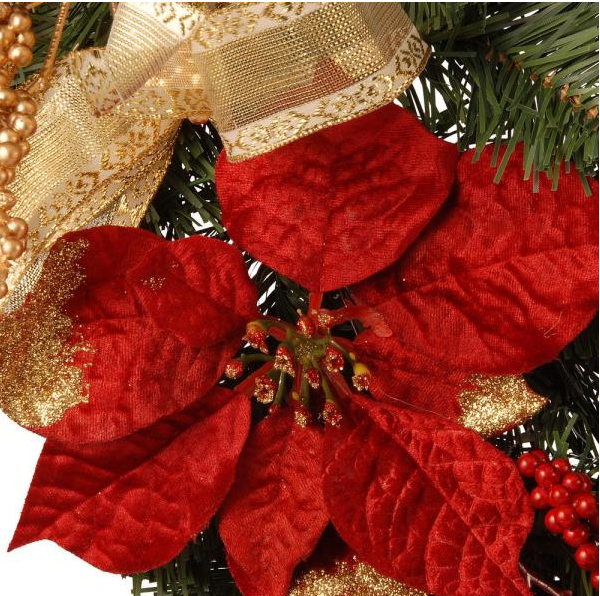 6 ft. Decorative Garland with Ornaments, Berries, Cones Red Ribbon, Poinsettias and 20 LED Lights