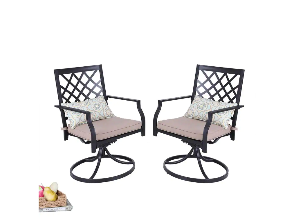 Black Metal Concise Patio Outdoor Dining Swivel Chair with Beige Cushion (2-Pack)