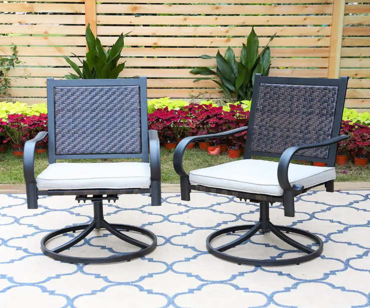 Black Rattan Metal Patio Outdoor Dining Swivel Chair with Beige Cushion (2-Pack)