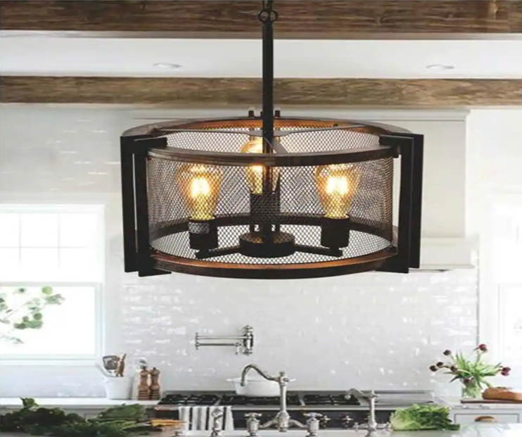 3-Light Matt Black Standard Pendant Lamp with Cylinder Iron Grid frame