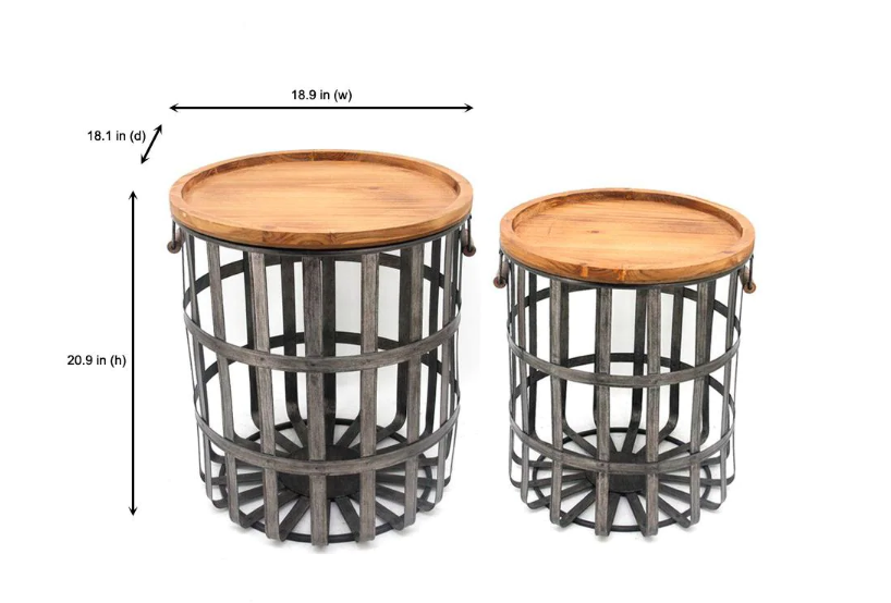 Round Galvanized Metal Decorative Basket with Wood Lid (Set of 2) VB37